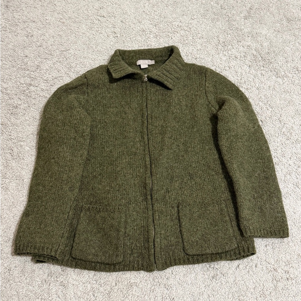 J. Crew Olive Green 100% Wool Zip Up Jacket Sweater Cardigan